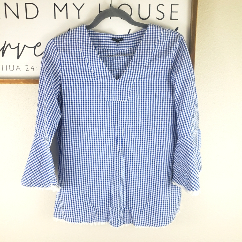 Hannah Blue Gingham Bell Sleeved V Neck Blouse Women's Size Medium